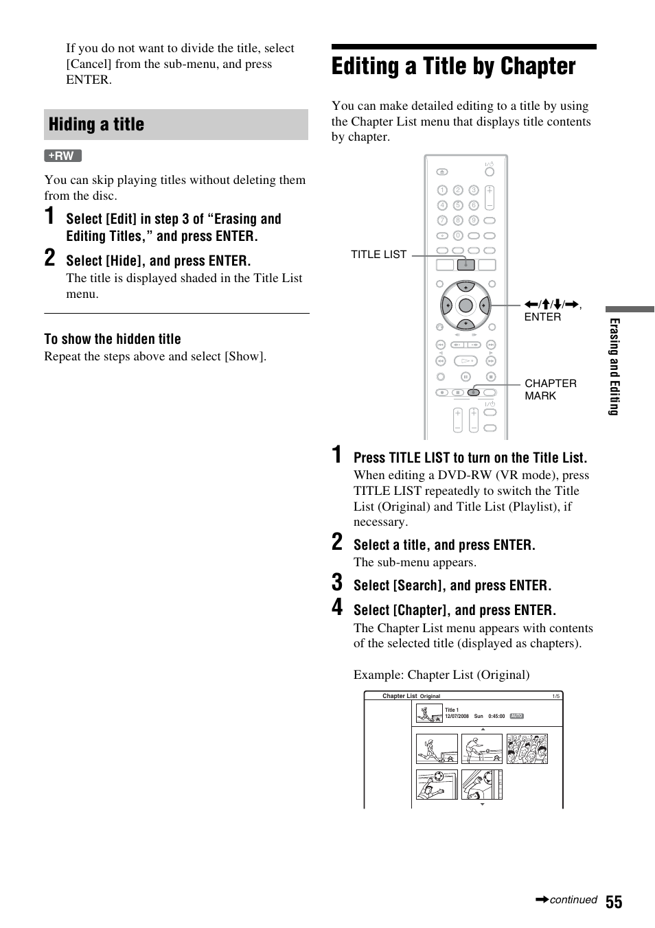 Editing a title by chapter, Hiding a title | Sony RDR-GX257 User Manual | Page 55 / 84