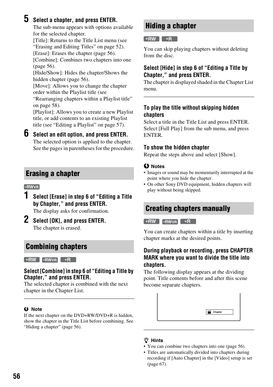 Ark (56, Erasing a chapter combining chapters, Hiding a chapter creating chapters manually | Sony RDR-GX257 User Manual | Page 56 / 84
