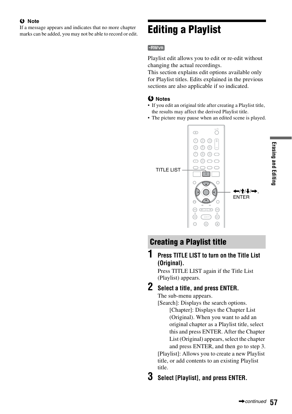 Editing a playlist, Creating a playlist title | Sony RDR-GX257 User Manual | Page 57 / 84