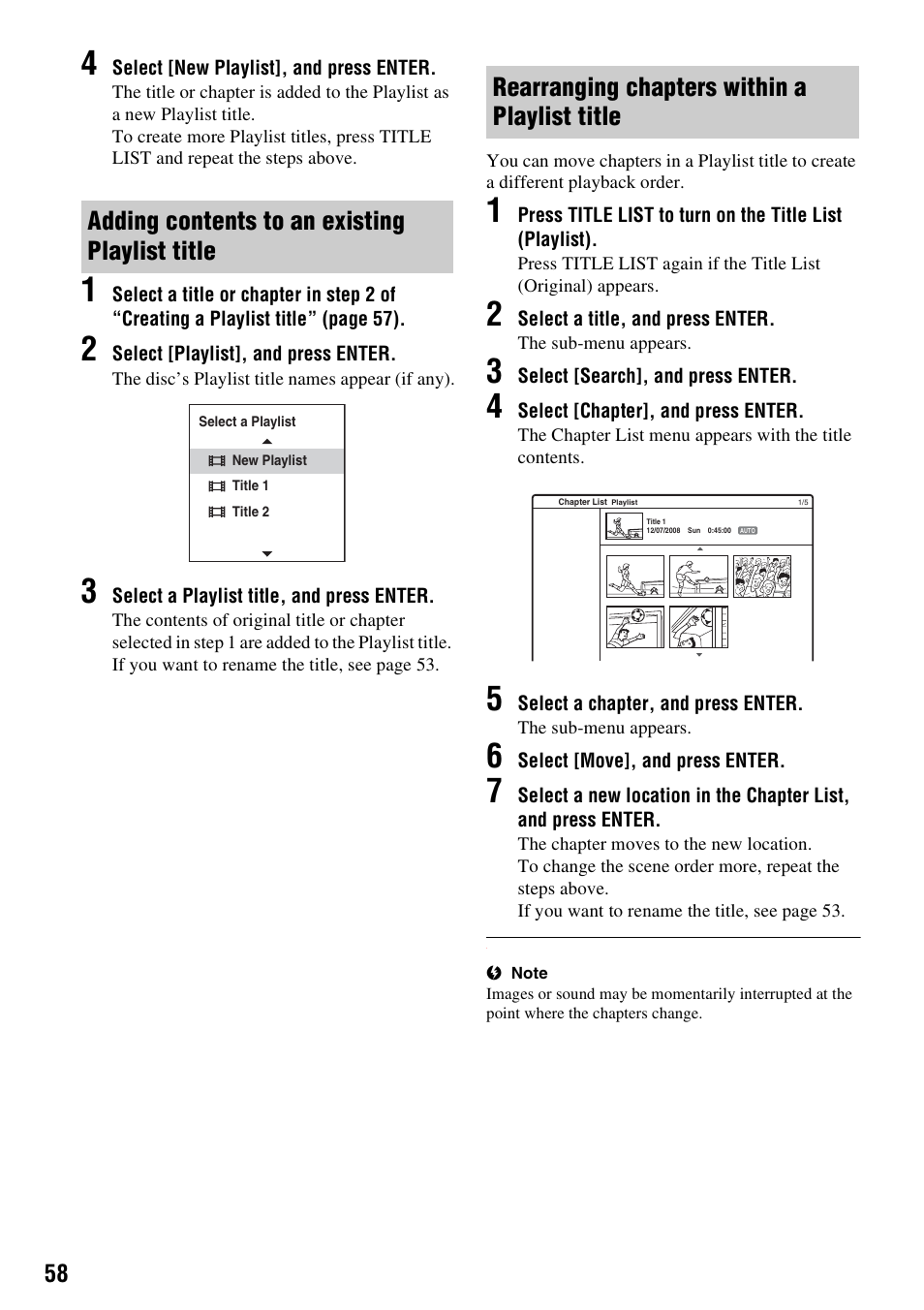 Rearranging chapters within a playlist title, Adding contents to an existing playlist title | Sony RDR-GX257 User Manual | Page 58 / 84