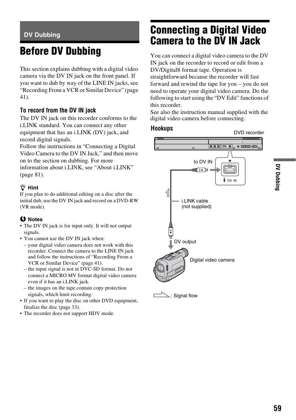 Dv dubbing, Before dv dubbing | Sony RDR-GX257 User Manual | Page 59 / 84