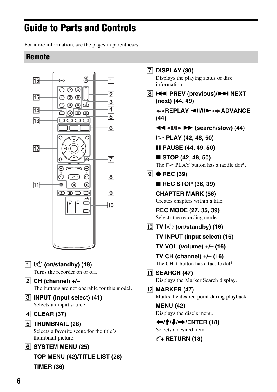 Guide to parts and controls, Remote | Sony RDR-GX257 User Manual | Page 6 / 84