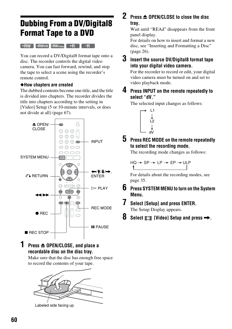 Dubbing from a dv/digital8 format tape to a dvd | Sony RDR-GX257 User Manual | Page 60 / 84