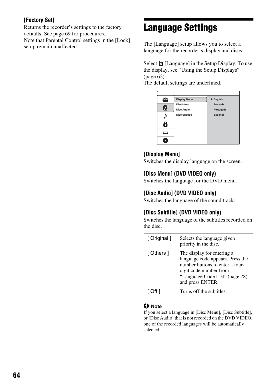 Language settings | Sony RDR-GX257 User Manual | Page 64 / 84
