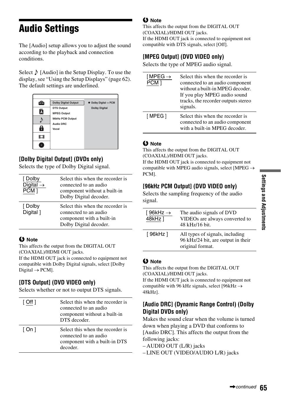 Audio settings | Sony RDR-GX257 User Manual | Page 65 / 84