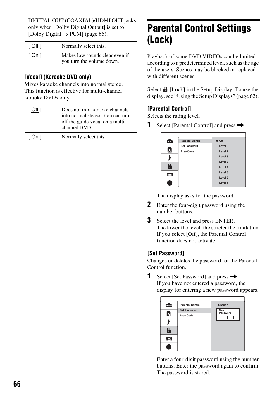 Parental control settings (lock), Vocal] (karaoke dvd only), Parental control | Set password | Sony RDR-GX257 User Manual | Page 66 / 84