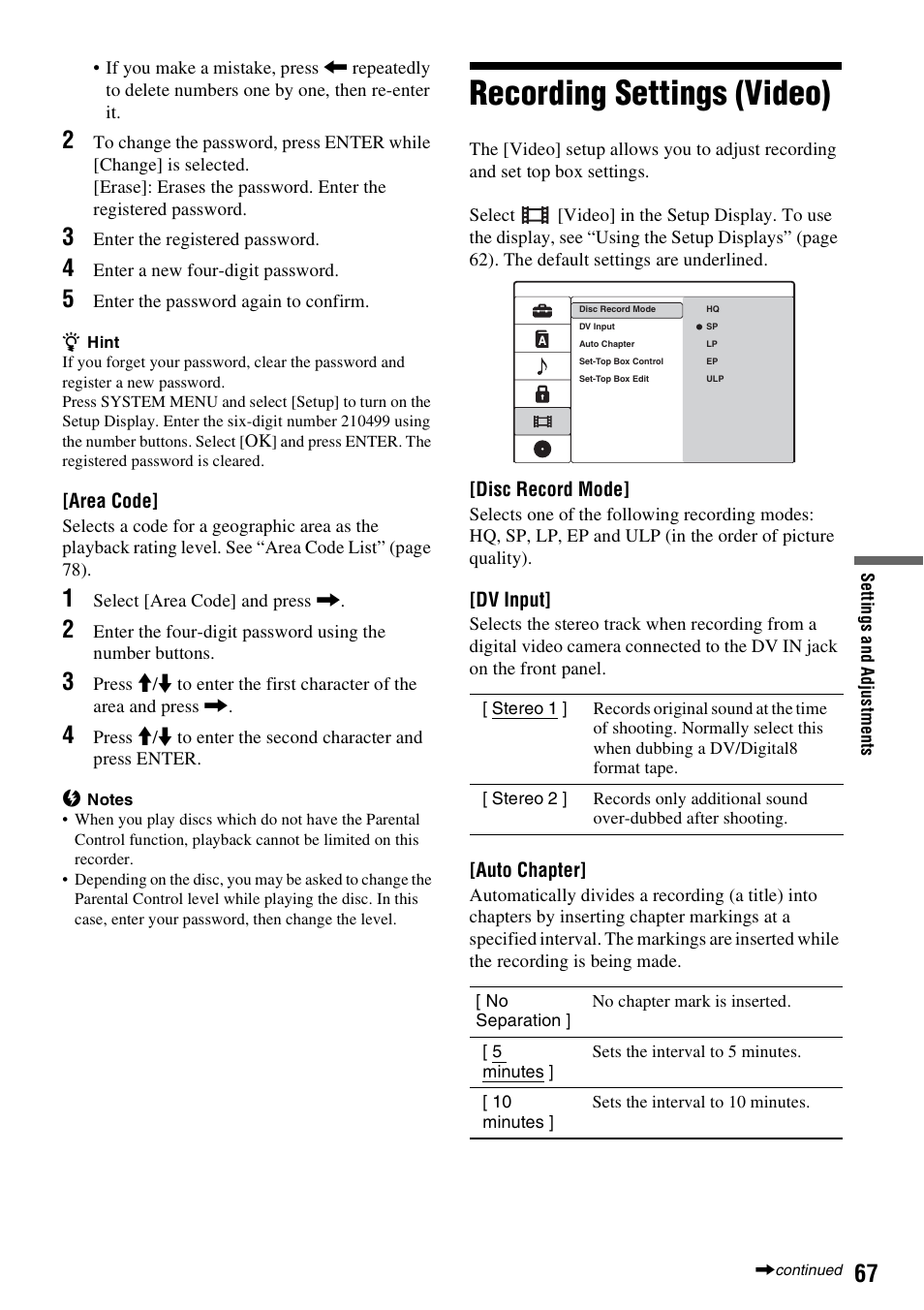 Recording settings (video) | Sony RDR-GX257 User Manual | Page 67 / 84