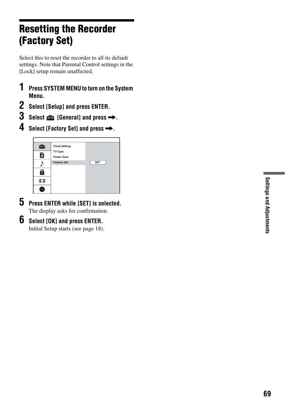 Resetting the recorder (factory set) | Sony RDR-GX257 User Manual | Page 69 / 84