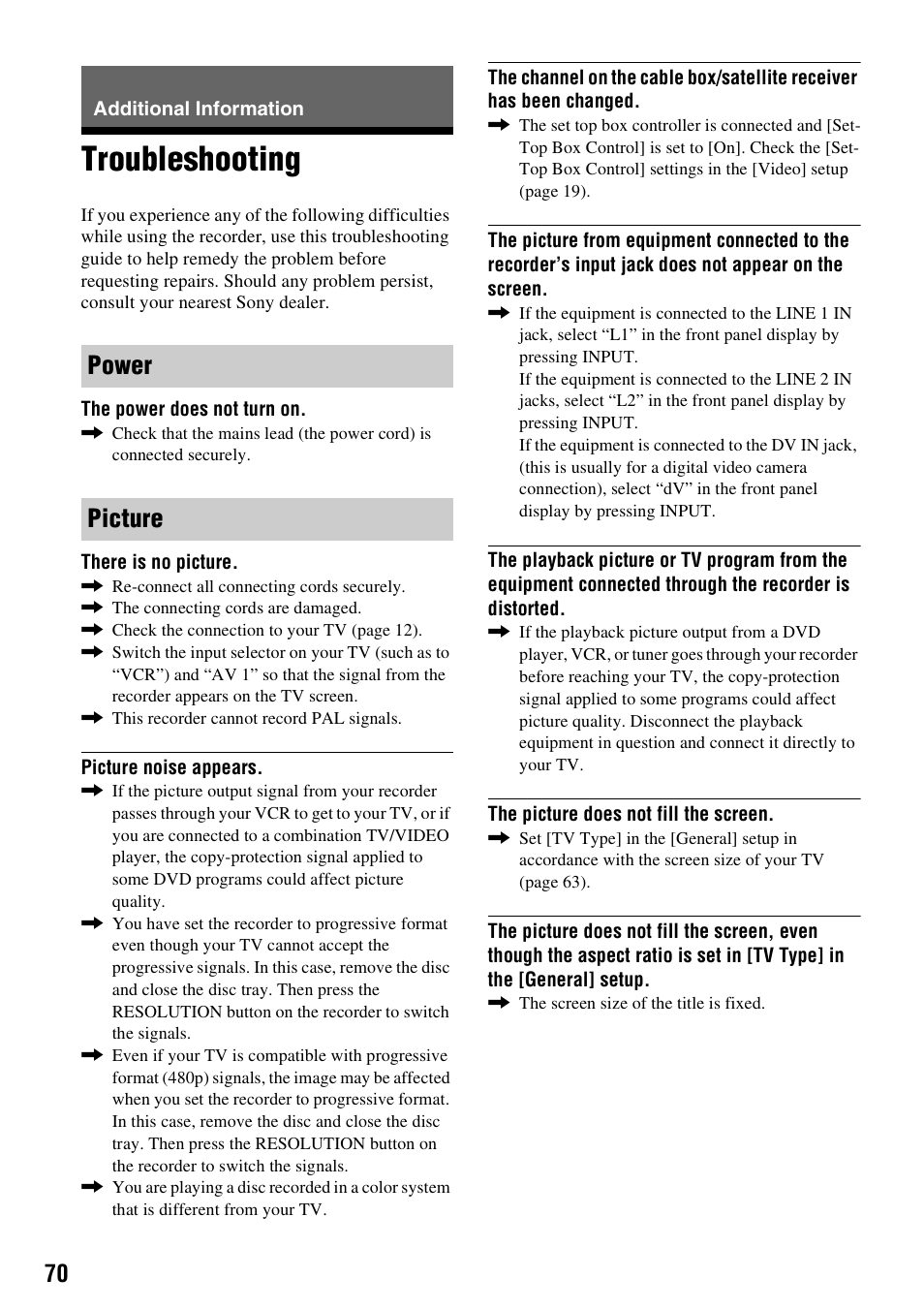 Additional information, Troubleshooting, Power picture | Sony RDR-GX257 User Manual | Page 70 / 84