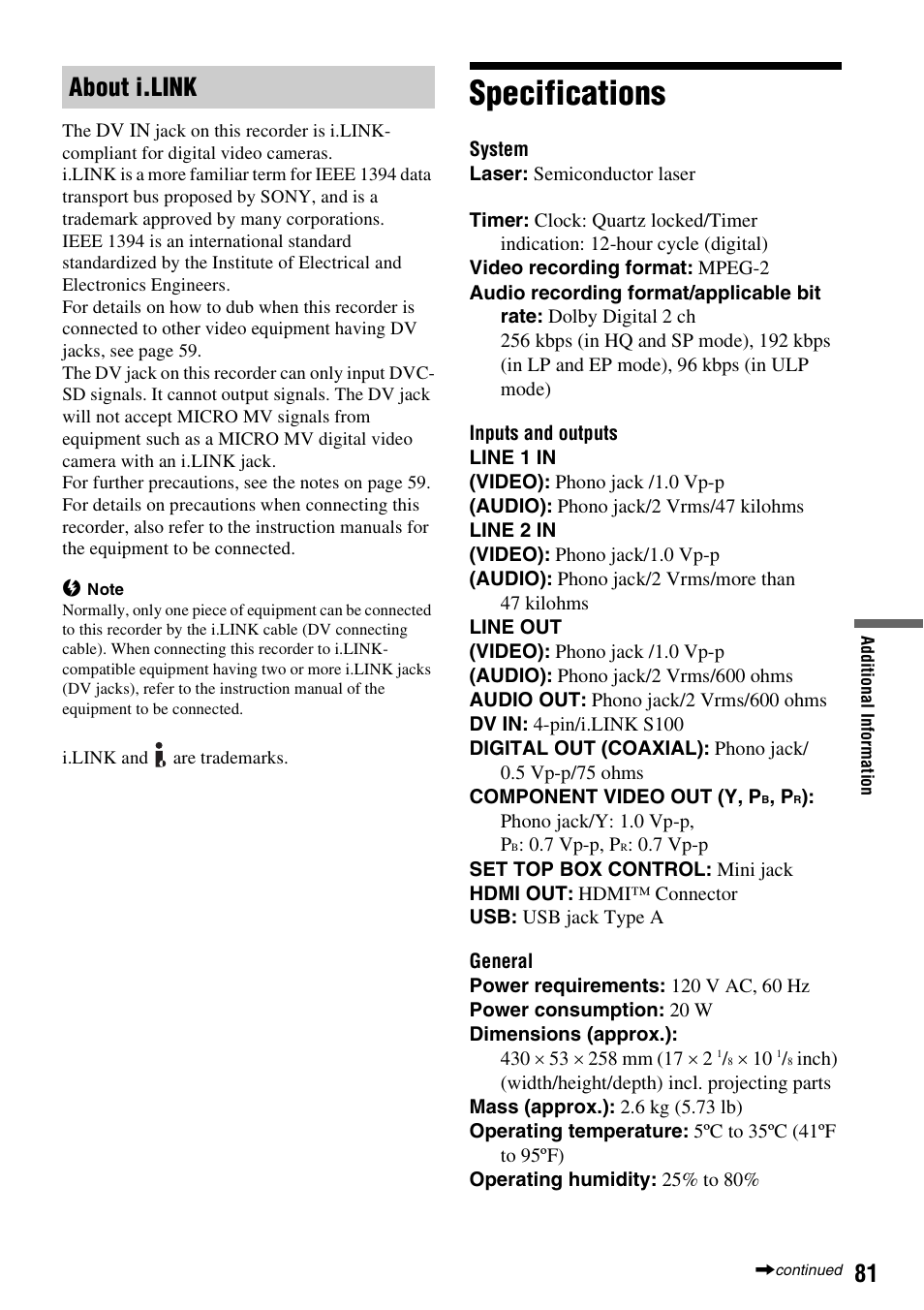 Specifications, About i.link | Sony RDR-GX257 User Manual | Page 81 / 84