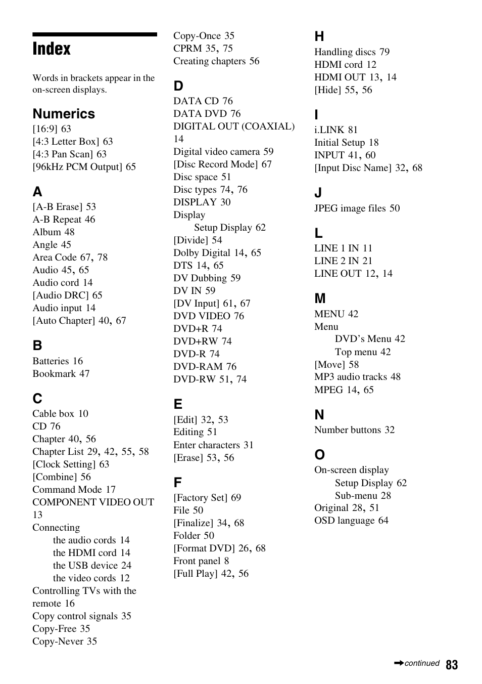 Index, Numerics | Sony RDR-GX257 User Manual | Page 83 / 84