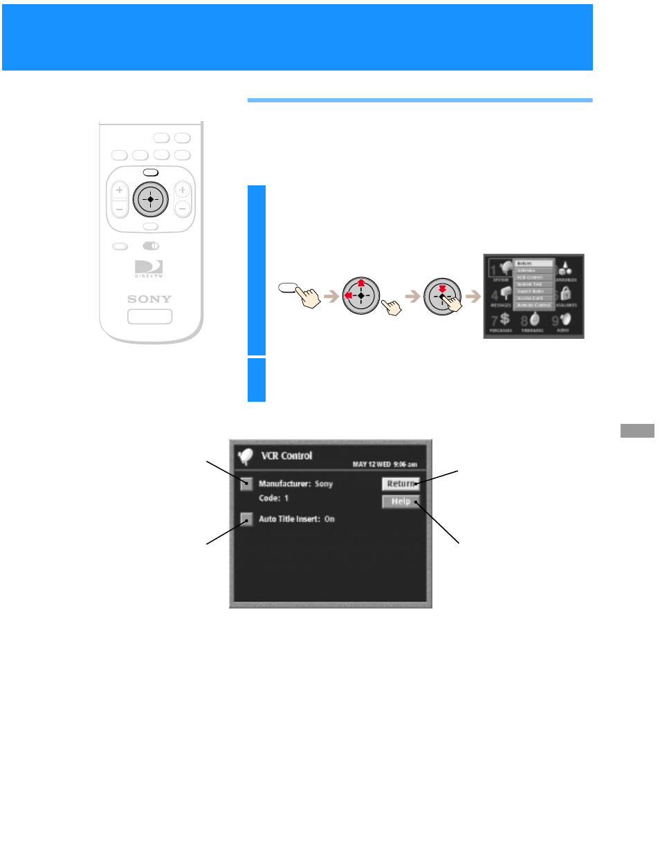 Setting up the vcr control feature, Highlight and select “vcr control | Sony SAT-B50 User Manual | Page 25 / 80