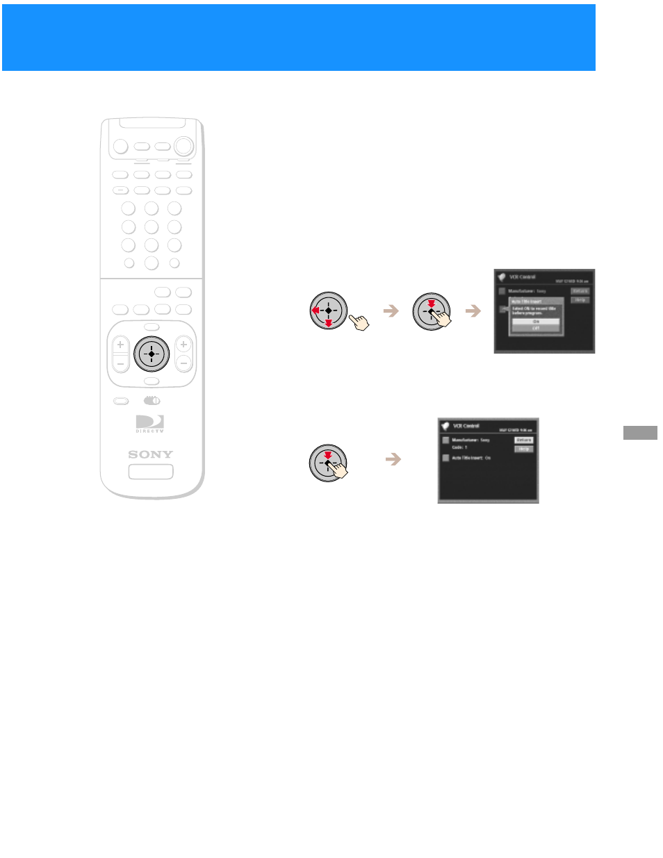 Setting up auto title insert, Select “on” or “off, Usin g th e on -s creen d ispla y s | The auto title insert pop-up appears | Sony SAT-B50 User Manual | Page 27 / 80