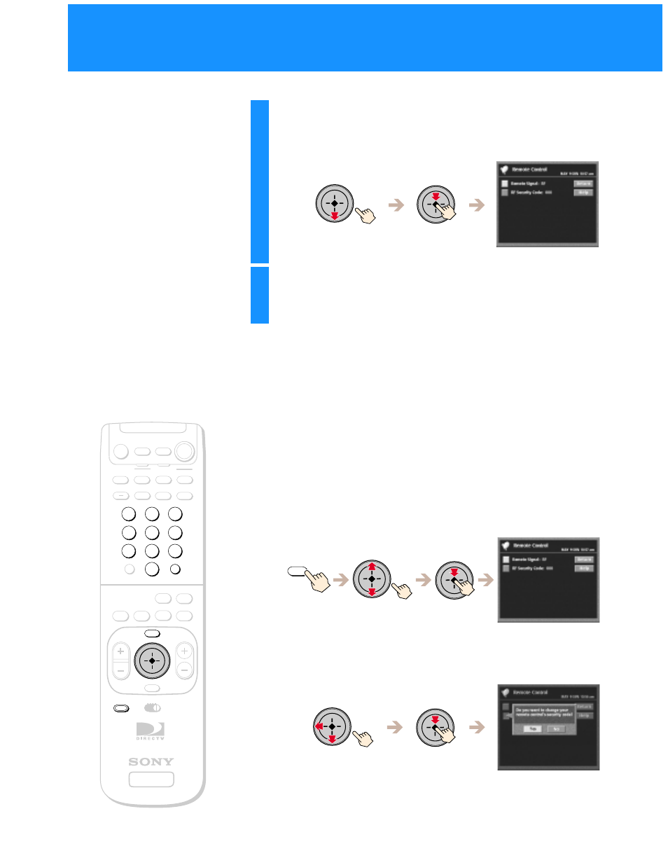 Setting the security code, Highlight and select “rf, Highlight and select “return | Highlight and select “rf security code | Sony SAT-B50 User Manual | Page 32 / 80