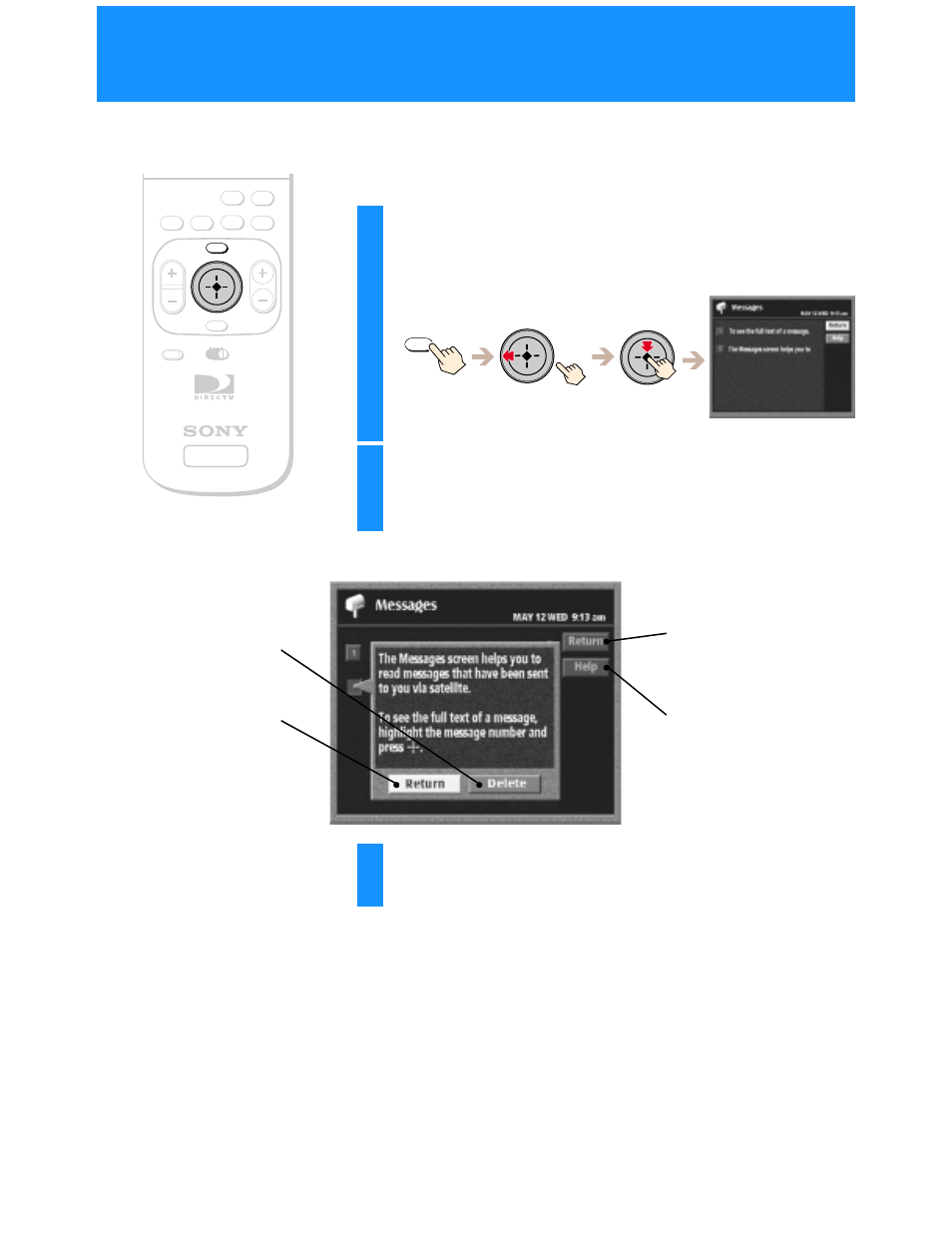 Viewing messages (messages), Viewing messages, Messages) | Highlight and select the message you want to read, Highlight and select “return” or “delete | Sony SAT-B50 User Manual | Page 52 / 80