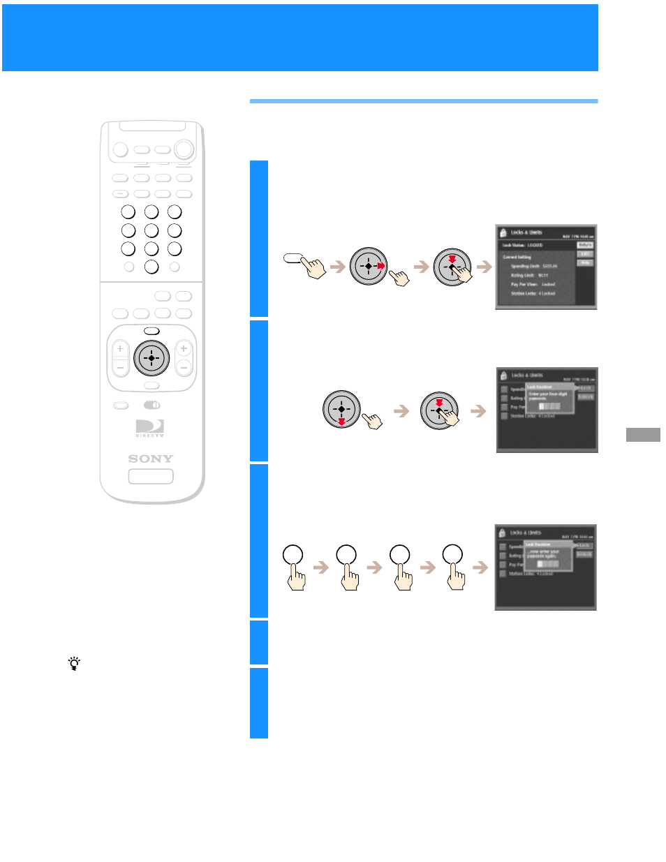 Locking your receiver, Highlight and select “edit”, then select “lock, Enter a four digit passcode using the 0–9 buttons | Enter your passcode again, Highlight and select “return | Sony SAT-B50 User Manual | Page 57 / 80