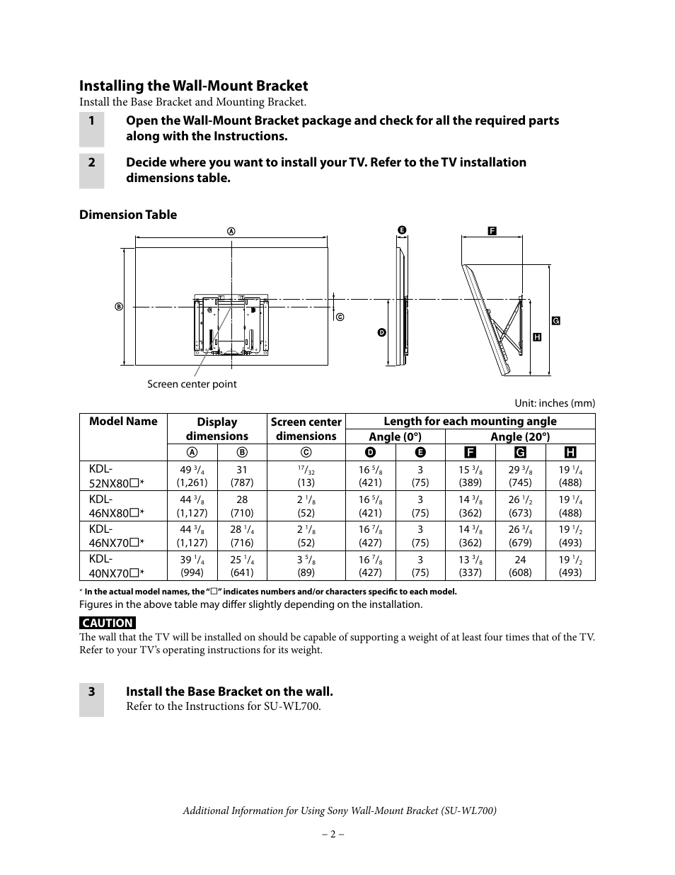 Installing the wall-mount bracket, 3install the base bracket on the wall | Sony SU-WL700 User Manual | Page 2 / 6