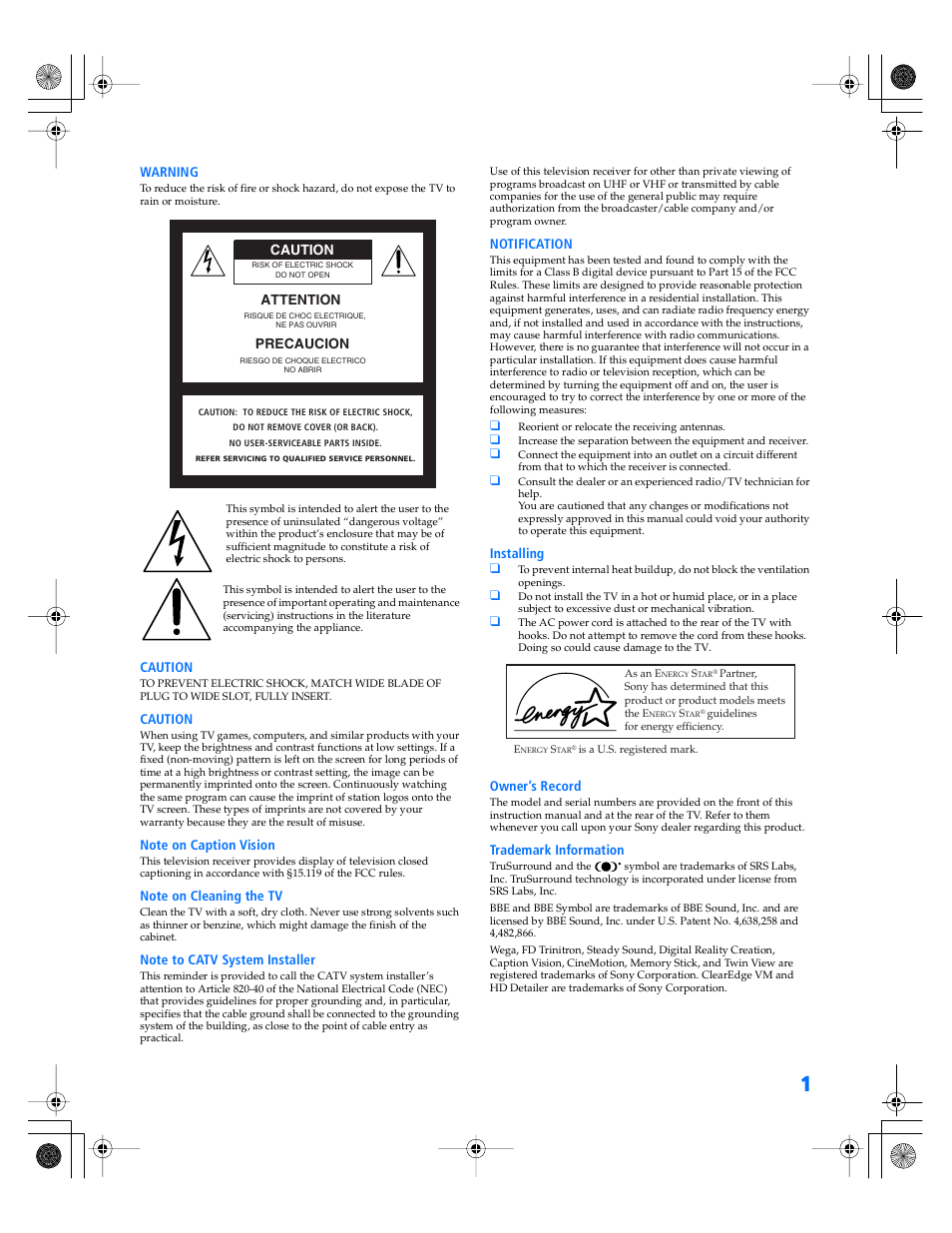 Attention caution precaucion | Sony WEGA KV-40XBR800 User Manual | Page 2 / 89