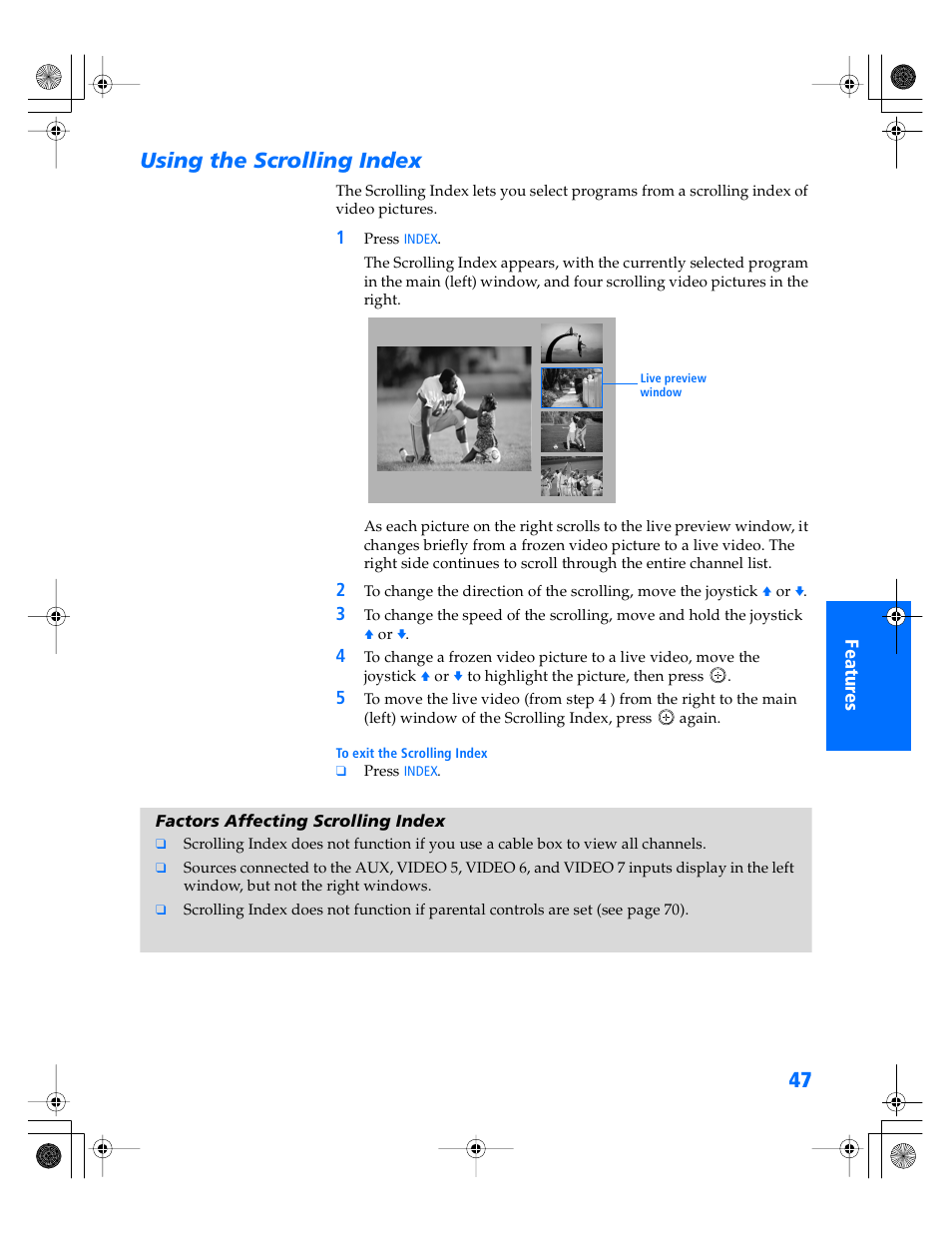 Using the scrolling index, Factors affecting scrolling index | Sony WEGA KV-40XBR800 User Manual | Page 48 / 89