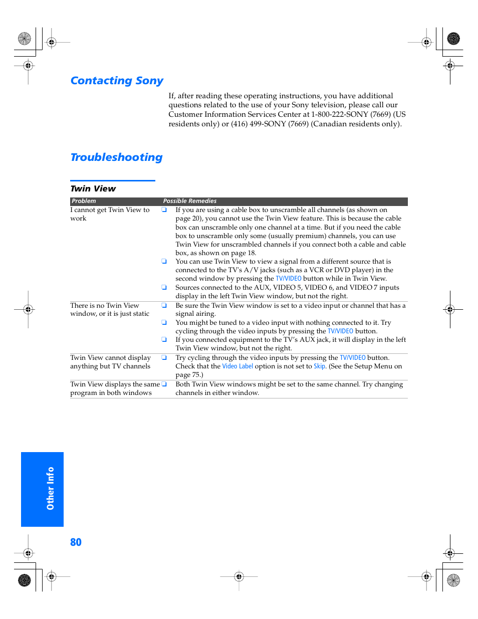 Contacting sony, Troubleshooting | Sony WEGA KV-40XBR800 User Manual | Page 81 / 89