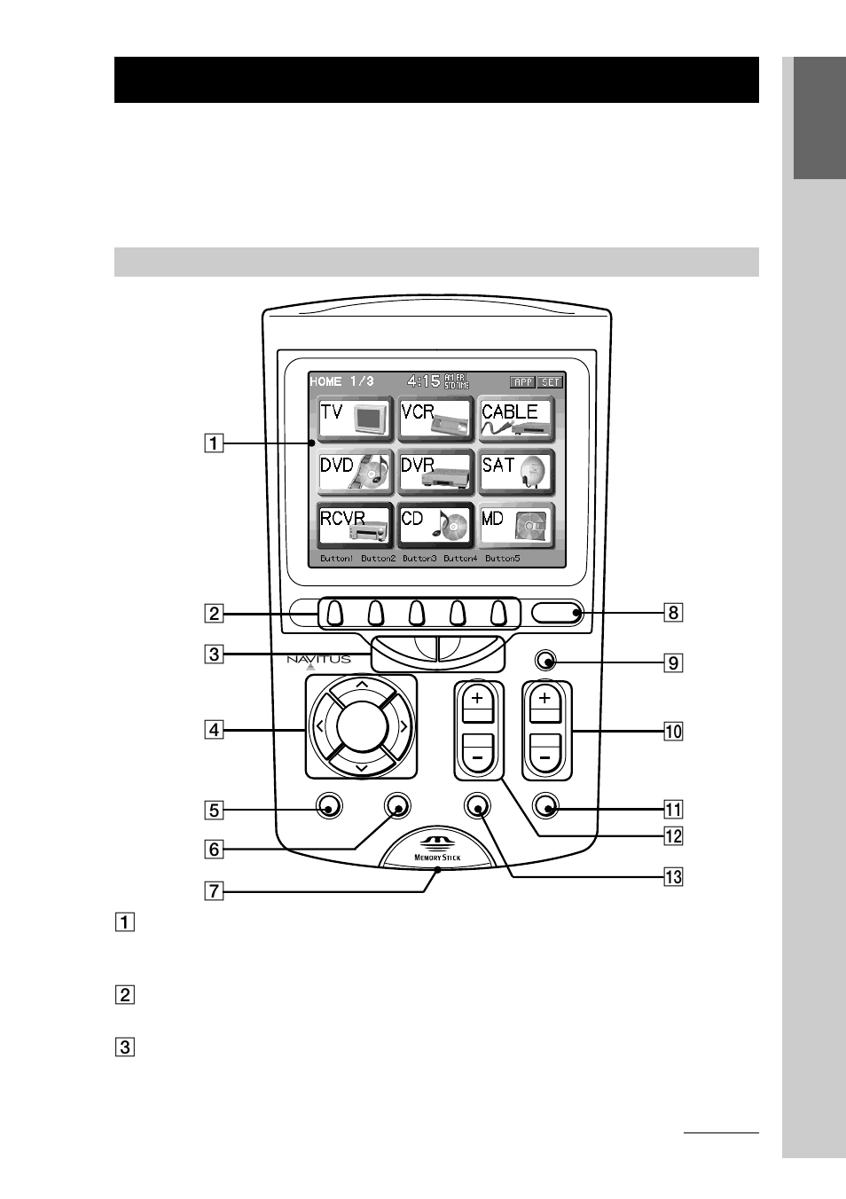 Location and function of controls, Remote commander rm-nx7000 (front panel) | Sony RM-NX7000 User Manual | Page 17 / 252