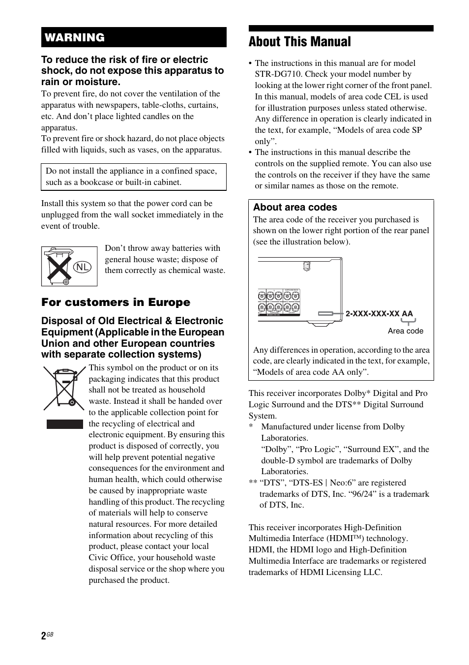 About this manual, For customers in europe, Warning | About area codes | Sony MULTI CHANNEL AV RECEIVER STR-DG710 User Manual | Page 2 / 80