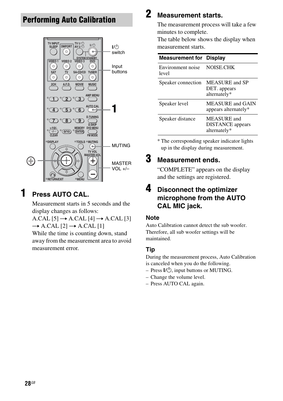 Performing auto calibration, Press auto cal, Measurement starts | Measurement ends | Sony MULTI CHANNEL AV RECEIVER STR-DG710 User Manual | Page 28 / 80
