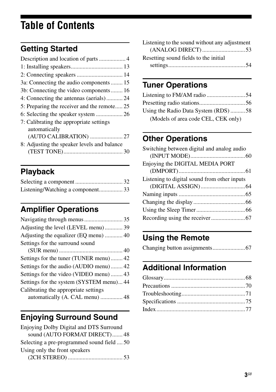 Sony MULTI CHANNEL AV RECEIVER STR-DG710 User Manual | Page 3 / 80