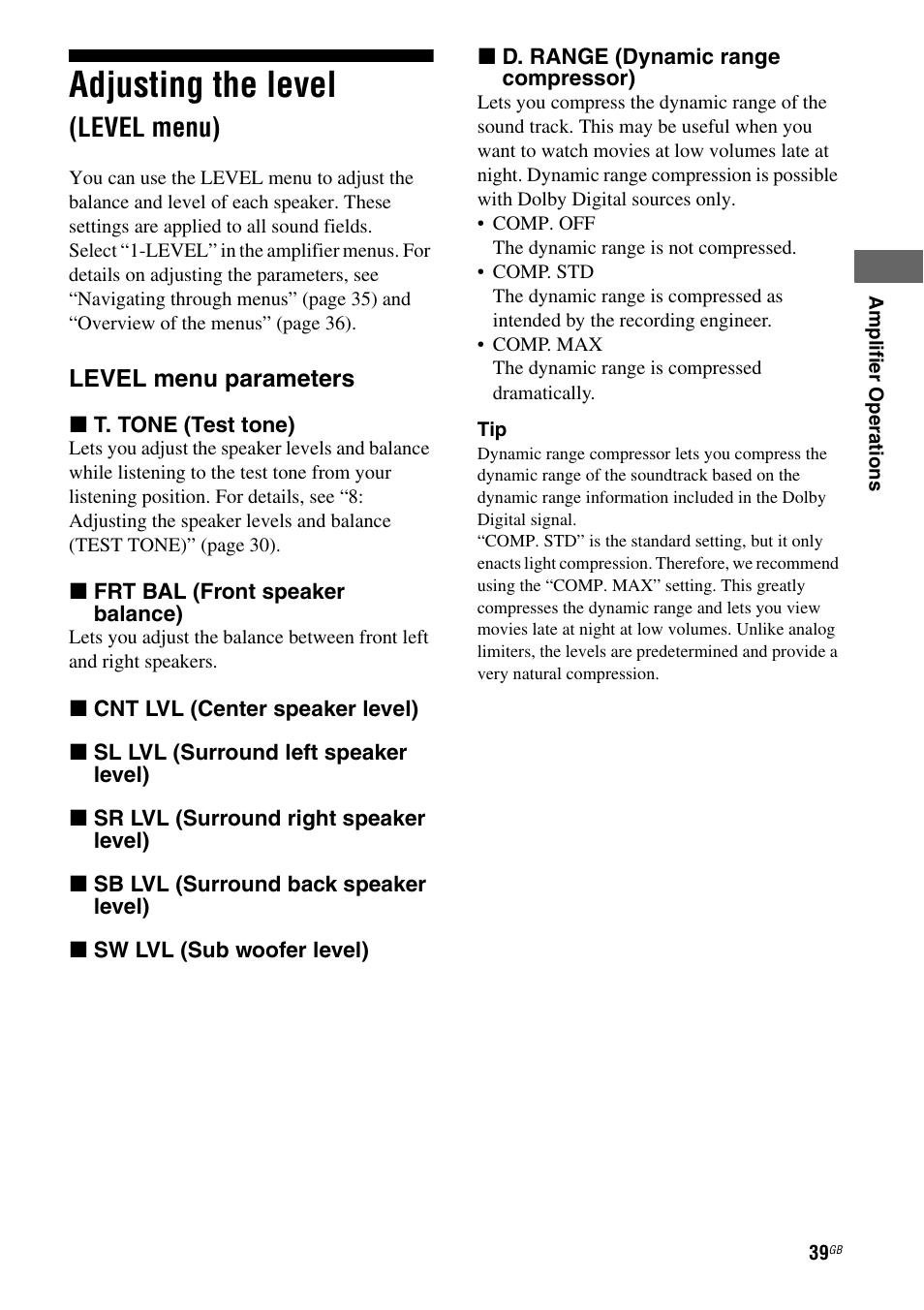 Adjusting the level (level menu), Adjusting the level, Level menu) | Sony MULTI CHANNEL AV RECEIVER STR-DG710 User Manual | Page 39 / 80