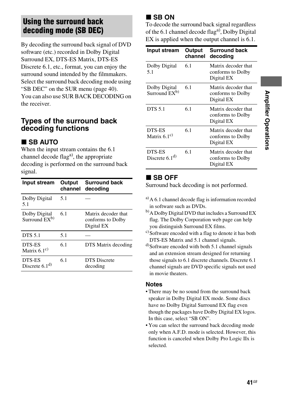 Using the surround back decoding mode (sb dec), Types of the surround back decoding functions, X sb auto | X sb on, X sb off | Sony MULTI CHANNEL AV RECEIVER STR-DG710 User Manual | Page 41 / 80