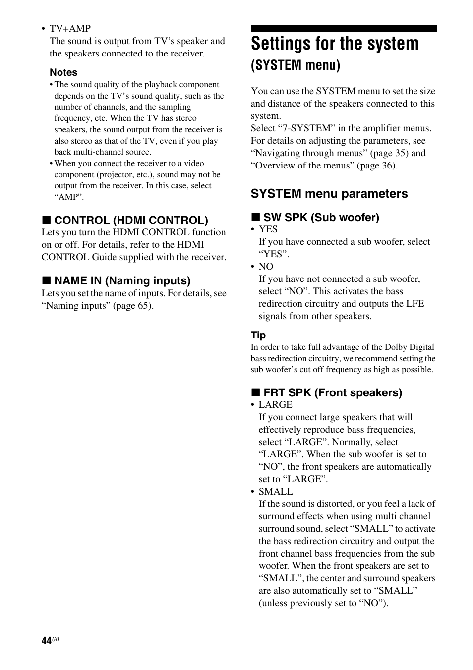 Settings for the system (system menu), Settings for the system, System menu) | System menu parameters | Sony MULTI CHANNEL AV RECEIVER STR-DG710 User Manual | Page 44 / 80