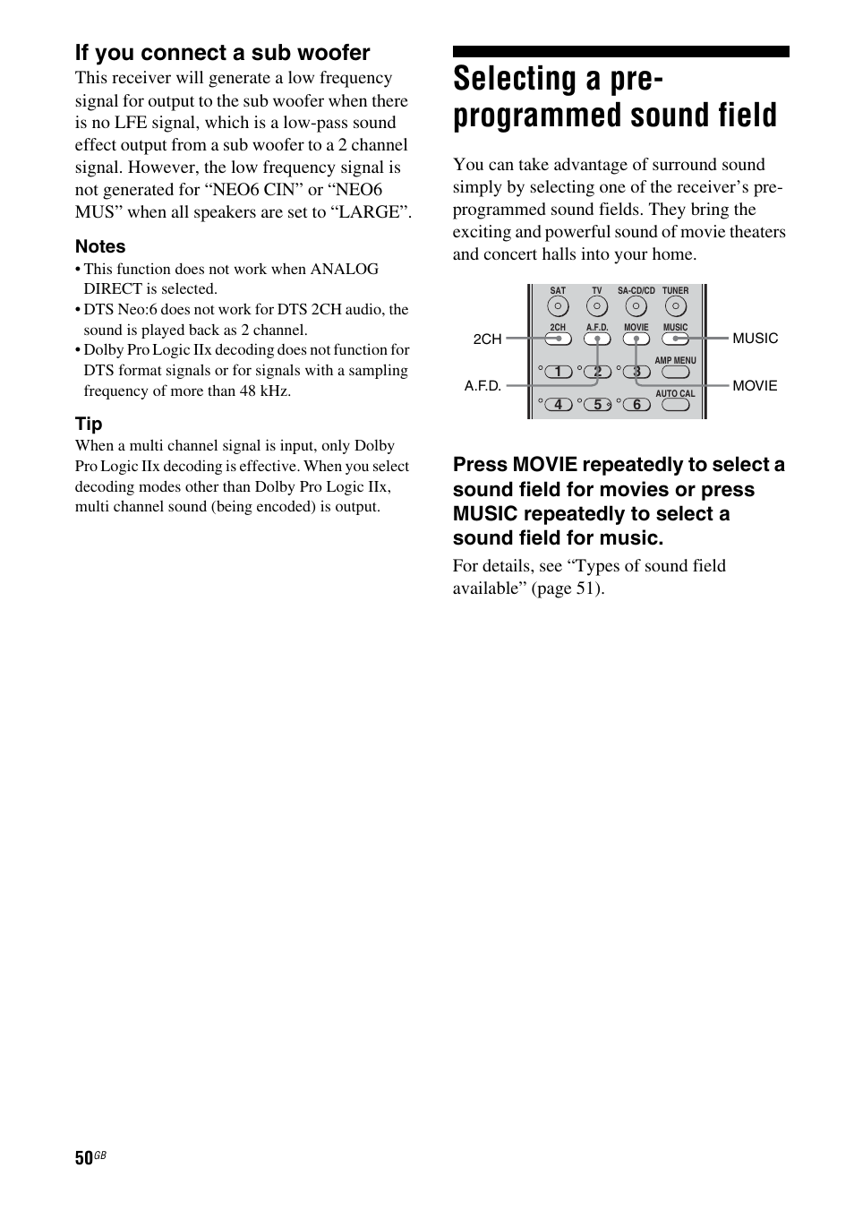 Selecting a pre- programmed sound field, Selecting a pre-programmed sound field, If you connect a sub woofer | Sony MULTI CHANNEL AV RECEIVER STR-DG710 User Manual | Page 50 / 80