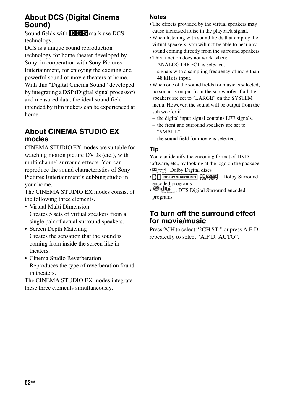 About dcs (digital cinema sound), About cinema studio ex modes | Sony MULTI CHANNEL AV RECEIVER STR-DG710 User Manual | Page 52 / 80