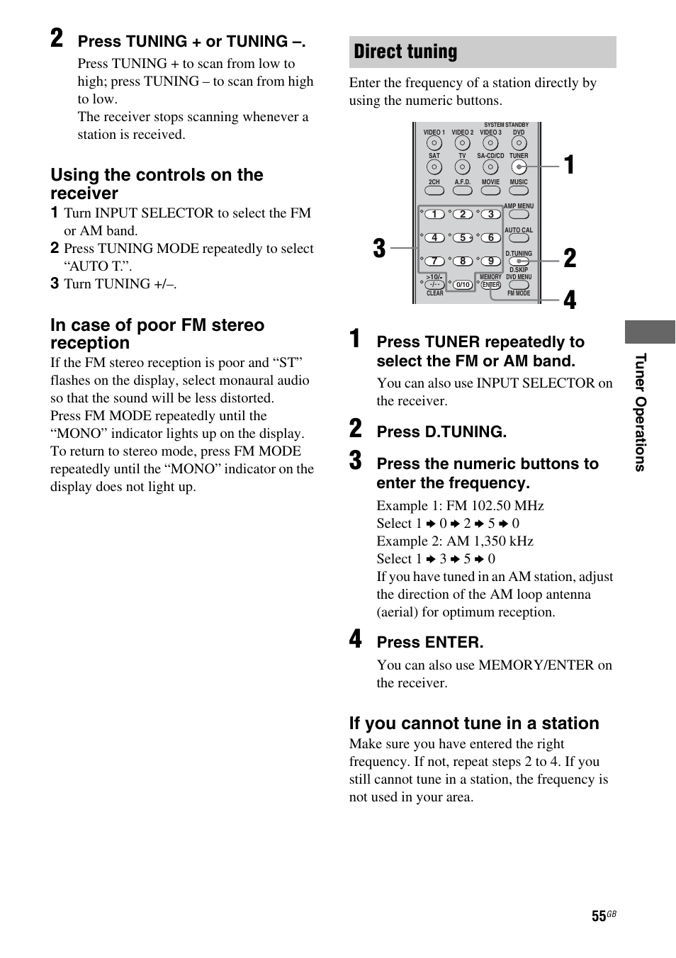 Direct tuning, Using the controls on the receiver, If you cannot tune in a station | Sony MULTI CHANNEL AV RECEIVER STR-DG710 User Manual | Page 55 / 80