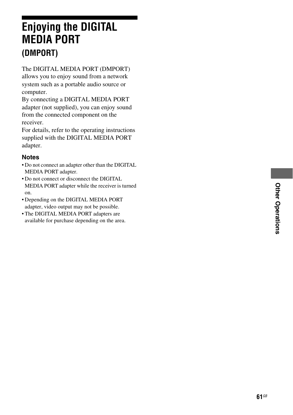 Enjoying the digital media port (dmport), Enjoying the digital media port, Dmport) | Sony MULTI CHANNEL AV RECEIVER STR-DG710 User Manual | Page 61 / 80