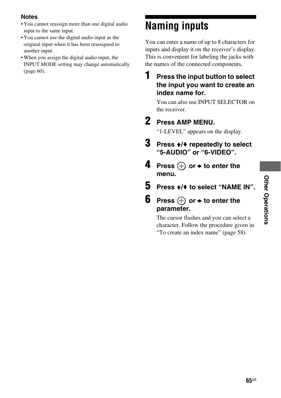 Naming inputs | Sony MULTI CHANNEL AV RECEIVER STR-DG710 User Manual | Page 65 / 80