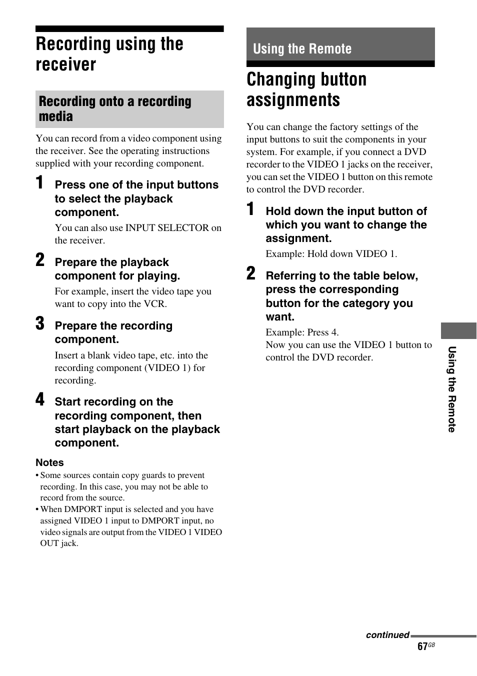 Recording using the receiver, Using the remote, Changing button assignments | Sony MULTI CHANNEL AV RECEIVER STR-DG710 User Manual | Page 67 / 80