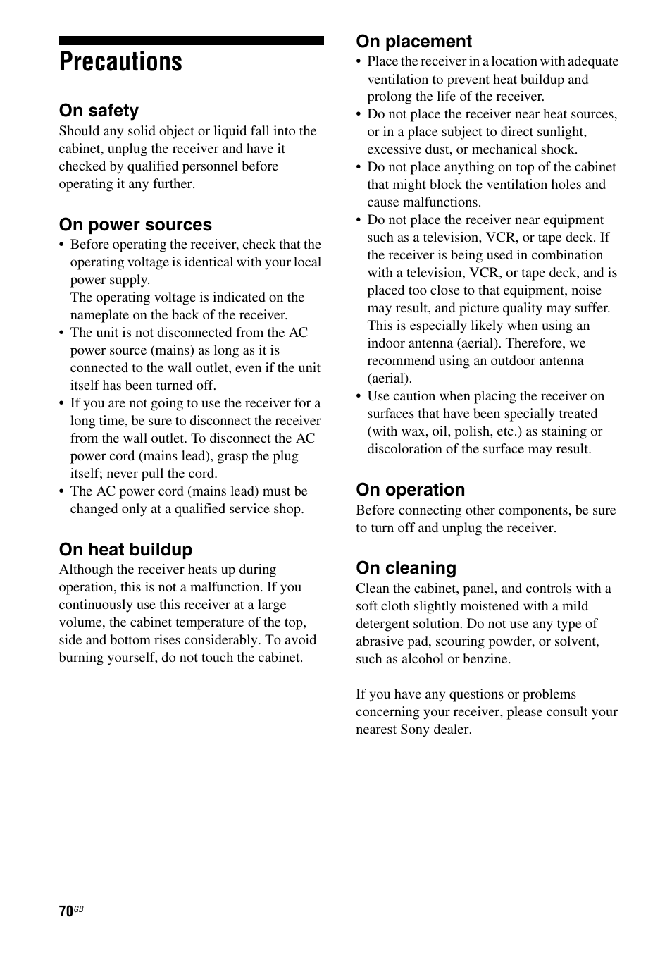 Precautions | Sony MULTI CHANNEL AV RECEIVER STR-DG710 User Manual | Page 70 / 80