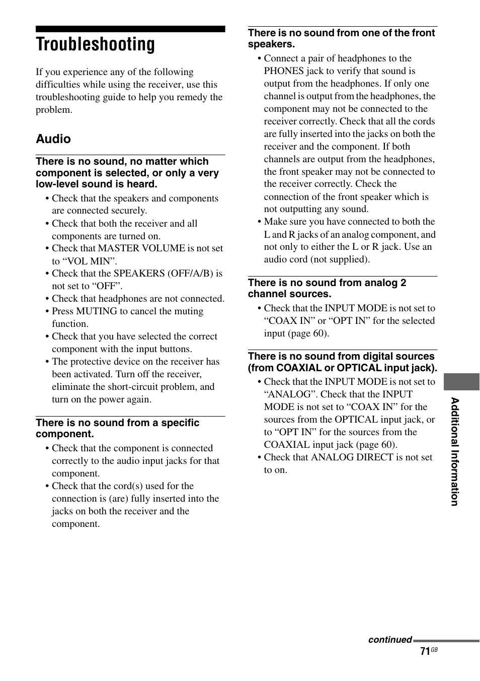 Troubleshooting | Sony MULTI CHANNEL AV RECEIVER STR-DG710 User Manual | Page 71 / 80