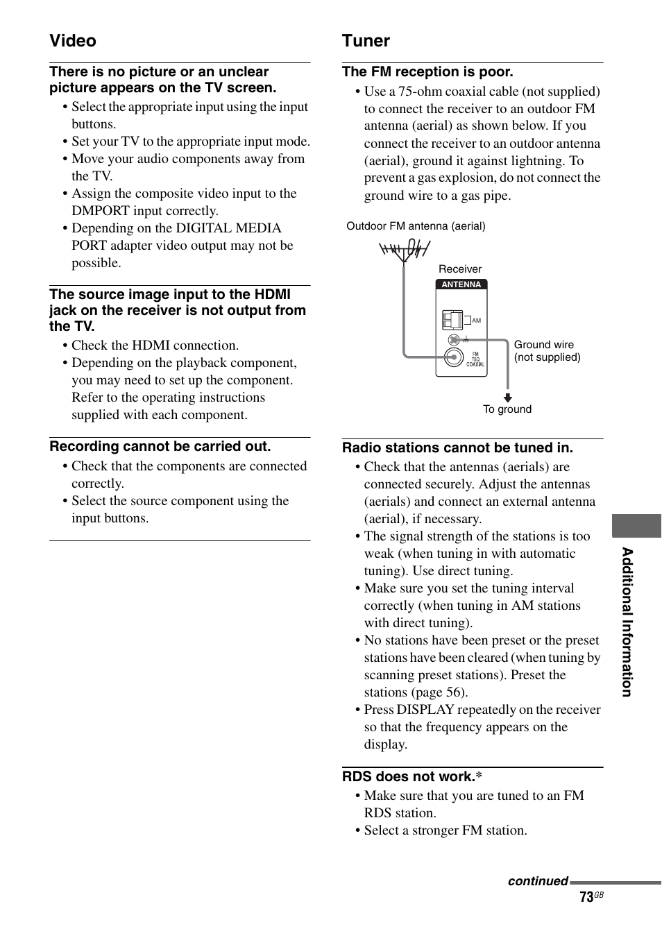 Video, Tuner | Sony MULTI CHANNEL AV RECEIVER STR-DG710 User Manual | Page 73 / 80