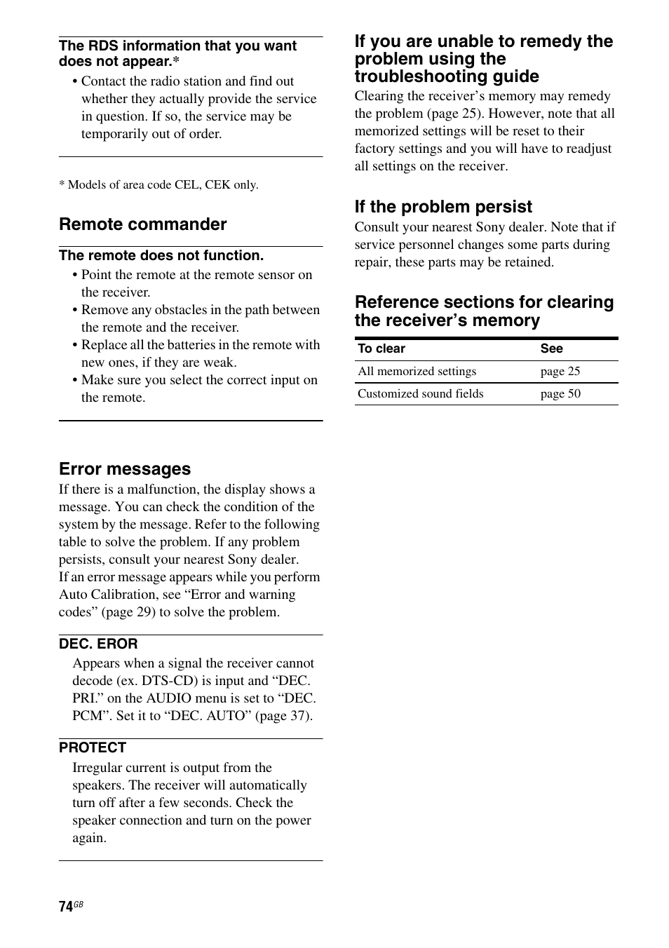 Remote commander, Error messages, If the problem persist | Sony MULTI CHANNEL AV RECEIVER STR-DG710 User Manual | Page 74 / 80