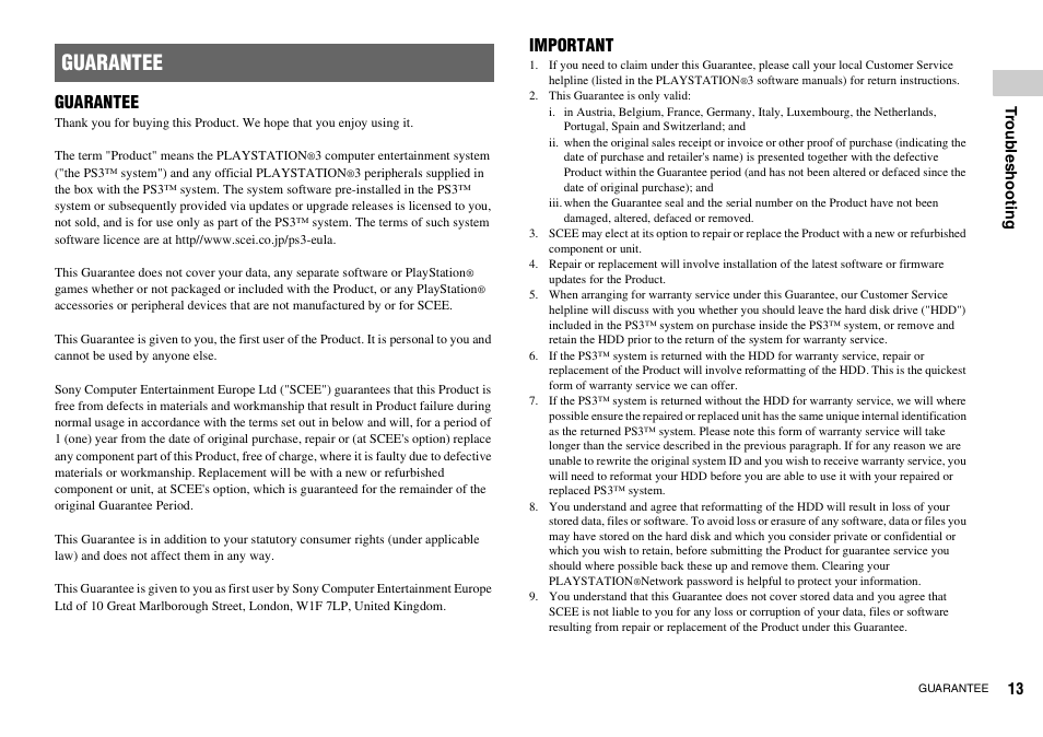 Guarantee, Important | Sony Playstation 3 CECHL04 User Manual | Page 13 / 28
