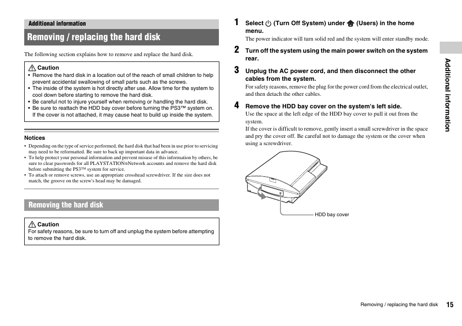 Additional information, Removing / replacing the hard disk | Sony Playstation 3 CECHL04 User Manual | Page 15 / 28