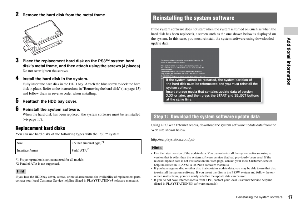 Reinstalling the system software | Sony Playstation 3 CECHL04 User Manual | Page 17 / 28