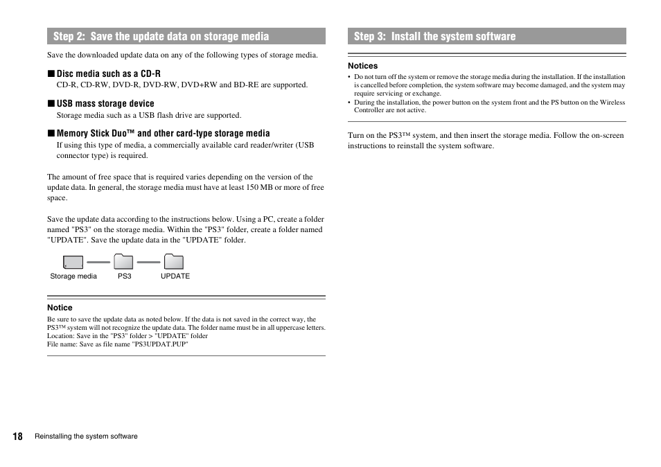 Step 2: save the update data on storage media, Step 3: install the system software | Sony Playstation 3 CECHL04 User Manual | Page 18 / 28