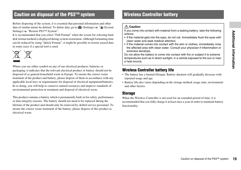 Caution on disposal of the ps3 system, Wireless controller battery | Sony Playstation 3 CECHL04 User Manual | Page 19 / 28