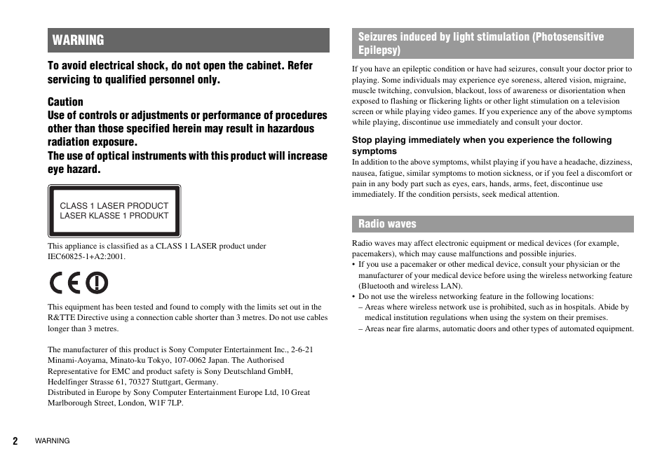 Warning | Sony Playstation 3 CECHL04 User Manual | Page 2 / 28