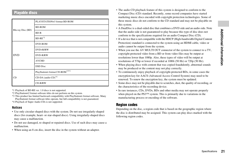 Region codes, Playable discs | Sony Playstation 3 CECHL04 User Manual | Page 21 / 28