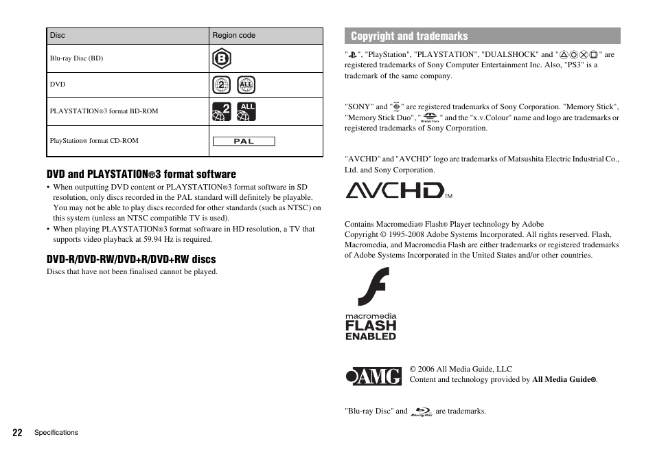 Dvd and playstation, 3 format software, Dvd-r/dvd-rw/dvd+r/dvd+rw discs | Copyright and trademarks | Sony Playstation 3 CECHL04 User Manual | Page 22 / 28