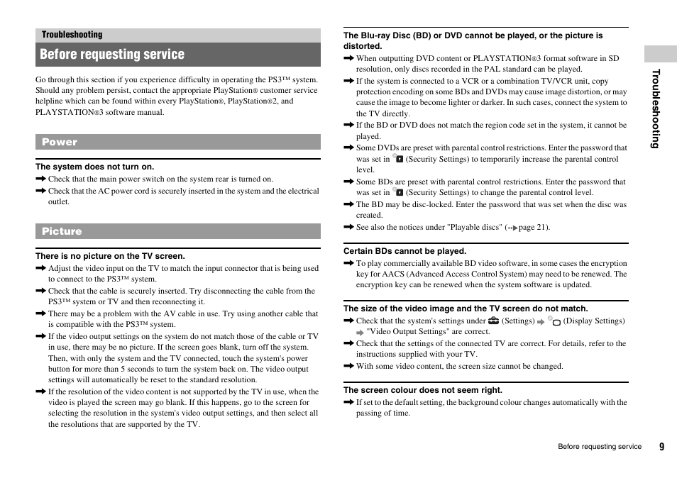 Troubleshooting, Before requesting service | Sony Playstation 3 CECHL04 User Manual | Page 9 / 28